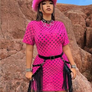 Pink Mesh Dress with Black Fringe